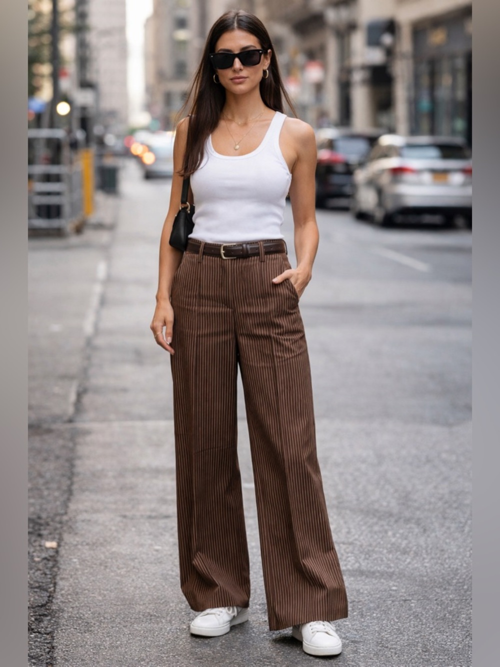 BCBG Brown Pinstripe Wide Leg Trousers High Waist Tailored Pants NEW WITH TAGS